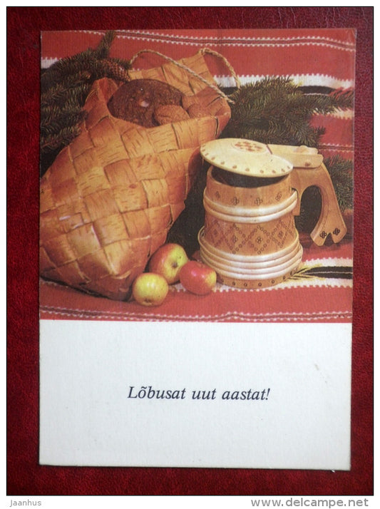 New Year Greeting card - Birch bark bag - beer mug - apples - 1985 - Estonia USSR - used - JH Postcards