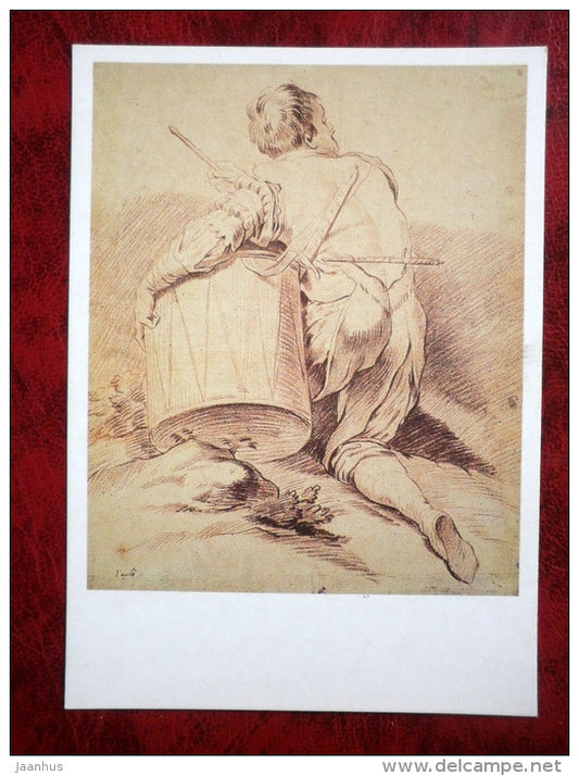 Drawing by Charles Andre van Loo - The Drummer - french art - unused - JH Postcards