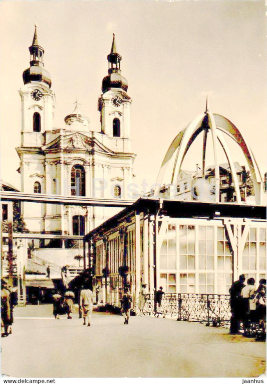 Karlovy Vary - The Geyser and St Mary Magdalene's Church - old postcard - 1959 - Czech Republic - Czechoslovakia - used - JH Postcards