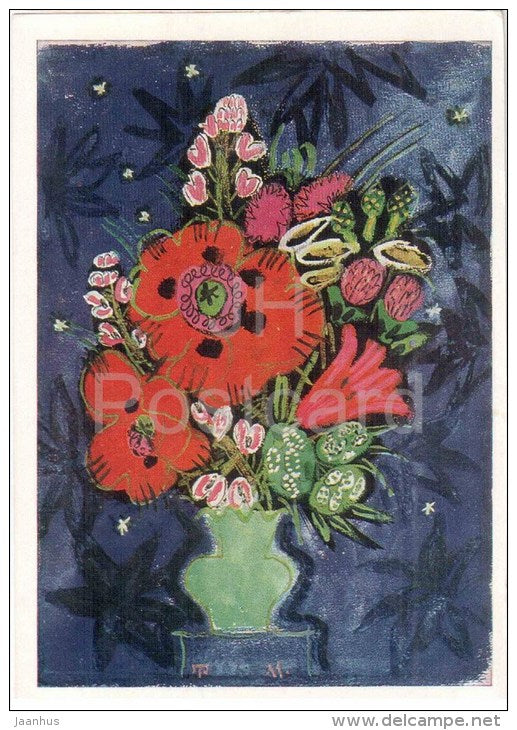 painting by T. Mavrina - A bouquet of poppies , 1966 - flowers - russian art - unused - JH Postcards