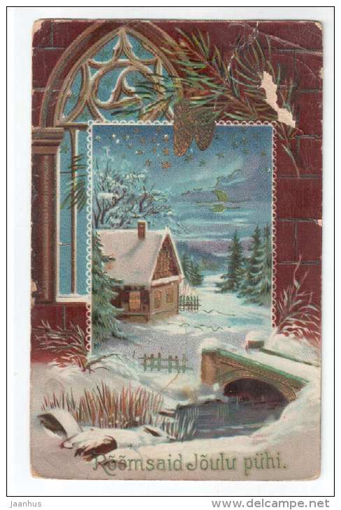 Christmas Greeting Card - house - bridge - winter - old postcard - circulated in Tsarist Russia 1910 Estonia - used - JH Postcards