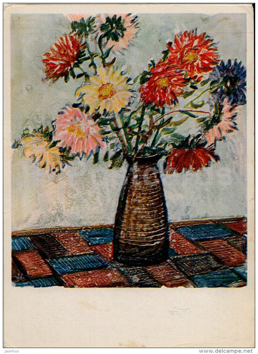 illustration by M. Bormeister - Asters on the table - flowers - 1966 - Estonia USSR - used - JH Postcards