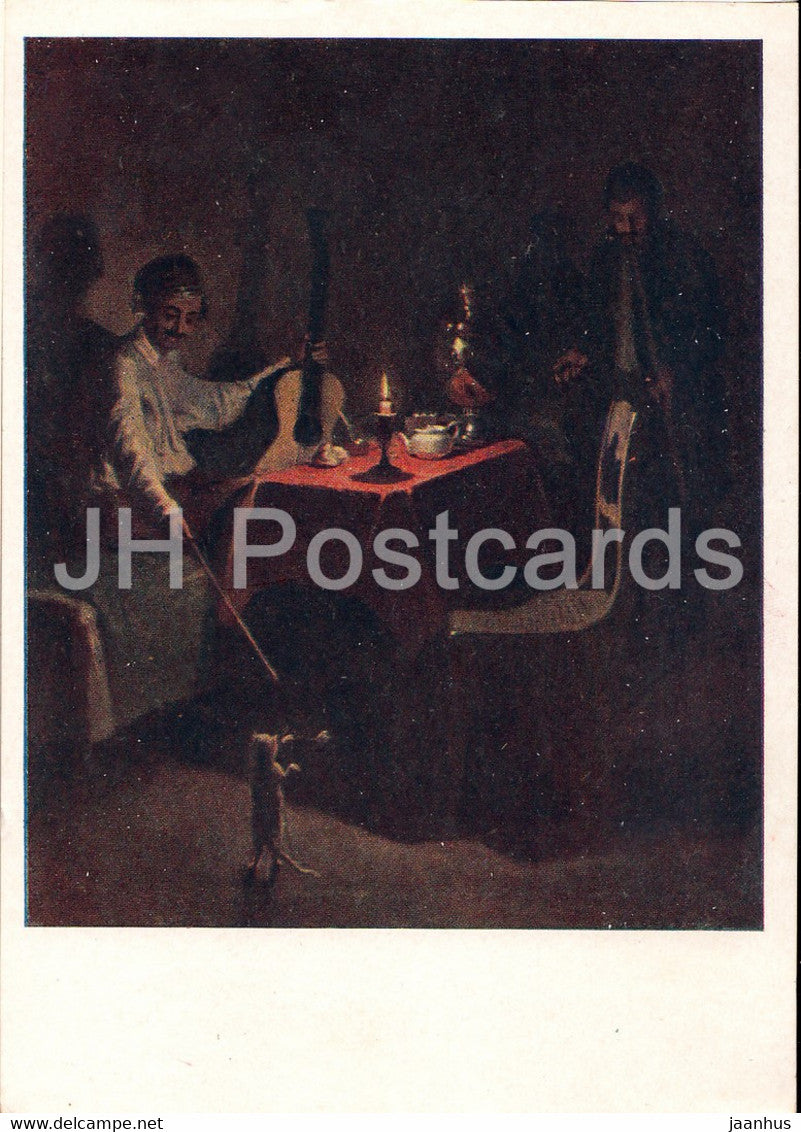 painting by P. Fedotov - Officer and Batman - cat - guitar - Russian art - 1962 - Russia USSR - unused - JH Postcards
