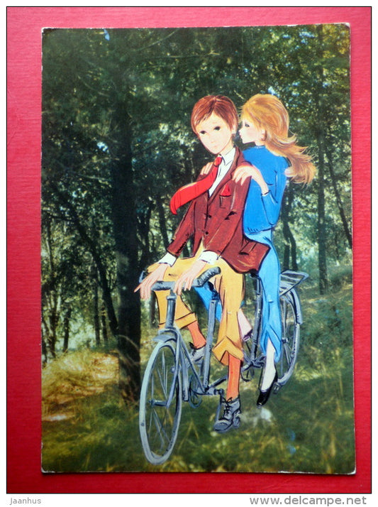 illustration - boy and girl - bicycle - 1728/2 - Italy - circulated in Finland 1979 - JH Postcards