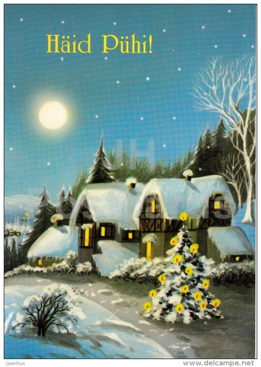 Christmas greeting card - illustration - winter - town - Estonia - used - JH Postcards