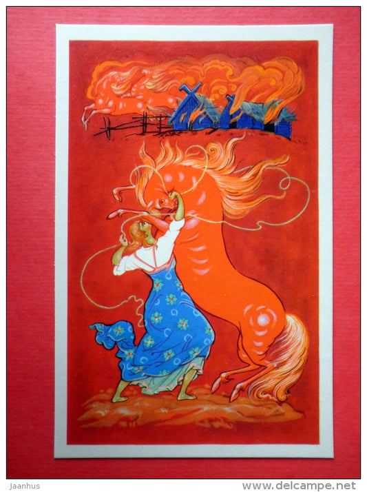 illustration by K. Andrianov - fire - horse - woman - Frost the Red Nose by S. Saharnov - 1971 - Russia USSR - unused - JH Postcards