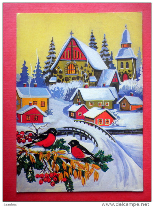 Christmas Greeting Card - town view - bullfinch - rowan - 498/6 - Finland - circulated in Finland 1978 - JH Postcards
