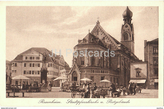 Rosenheim - Stadtpfarrkirche u Postgebaude - old postcard - Germany - unused - JH Postcards