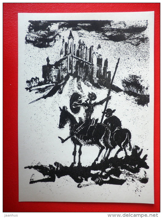 illustration by K. Alonso - Sancho Panza - castle - Don Quixote by Miguel de Cervantes - 1965 - Russia USSR - unused - JH Postcards