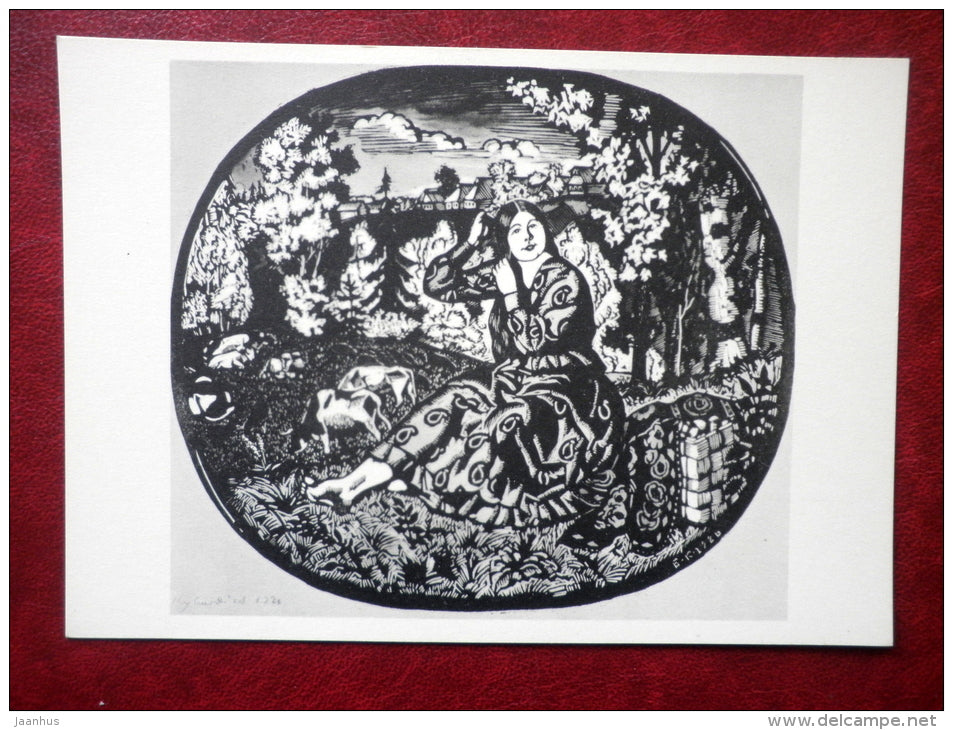 engraving by M. Kustodiev - Autumn , 1926 - woman - cows - russian art - unused - JH Postcards