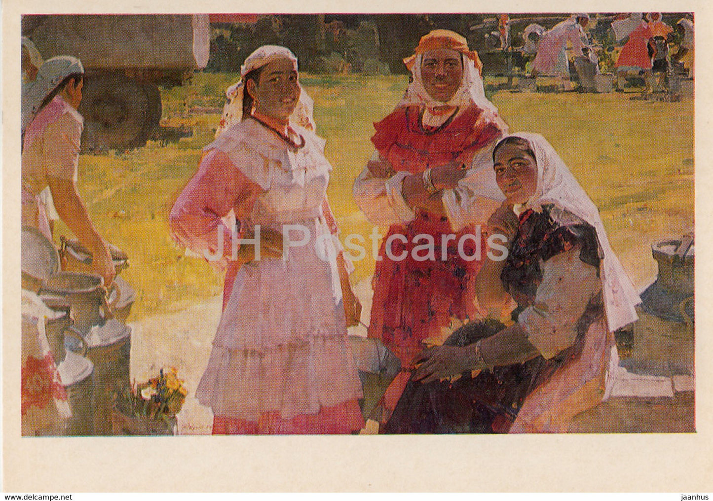 painting by H. Yakupov - Strong People - young milkmaids - Tatar Russian art - 1983 - Russia USSR - unused - JH Postcards