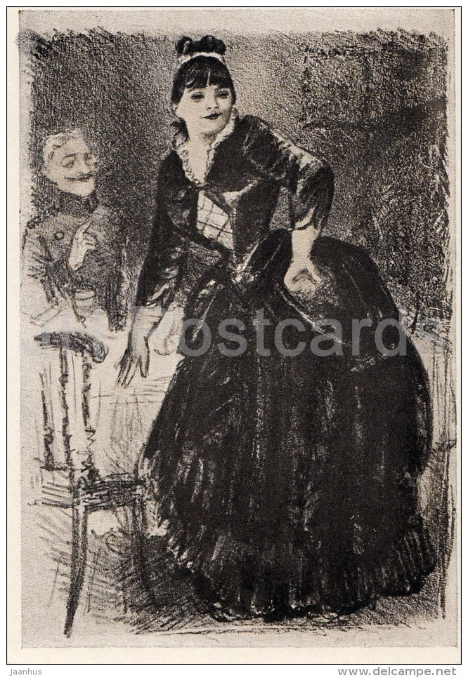 illustration by K. Rudakov - Boule de Suifl by Guy de Maupassant - woman - 1957 - Russia USSR - unused - JH Postcards