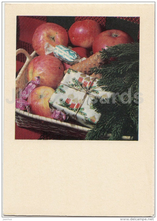 New Year greeting card - apples - candies - gifts - 1970 - Estonia USSR - unused - JH Postcards