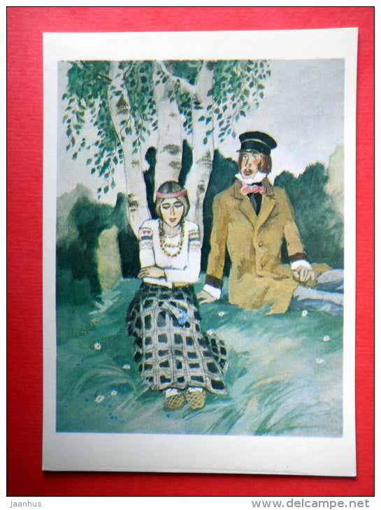 illustration by A. Belyukin - Meeting - man and woman - Notes of a Hunter by I. Turgenev - 1980 - USSR Russia - unused - JH Postcards