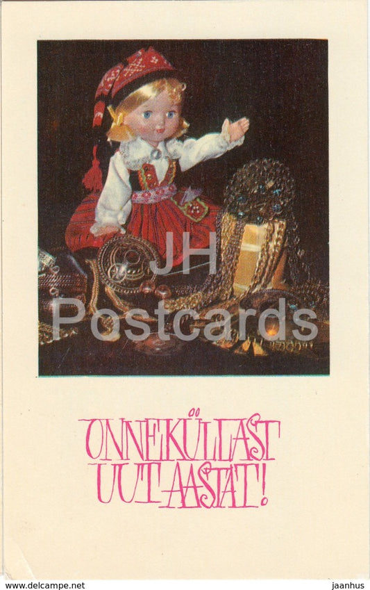 New Year Greeting Card - doll in Estonian Folk Costumes - decorations - 1973 - Estonia USSR - unused - JH Postcards