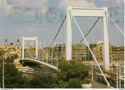 Budapest - Elizabeth bridge - bus Ikarus - passenger boat - 1988 - Hungary - used - JH Postcards