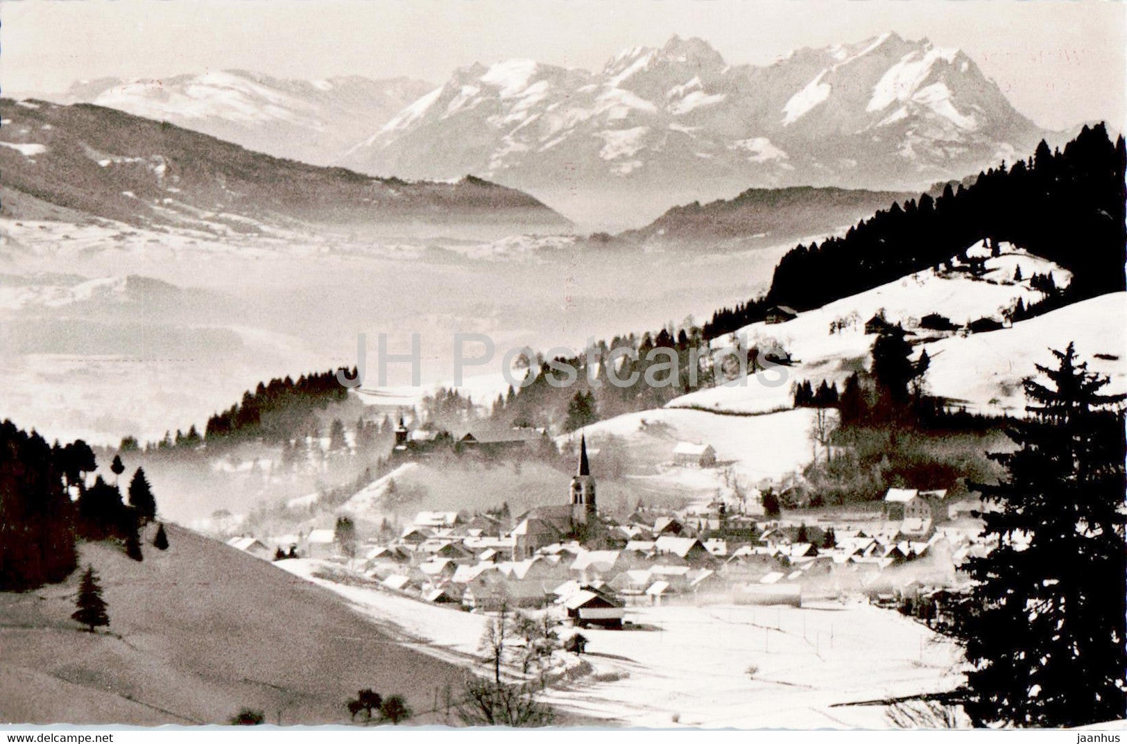 Wintersportplatz Oberstaufen im Allgau - mit Blick zum Schweizer Hochgebirge - old postcard - 1959 - Germany - used - JH Postcards
