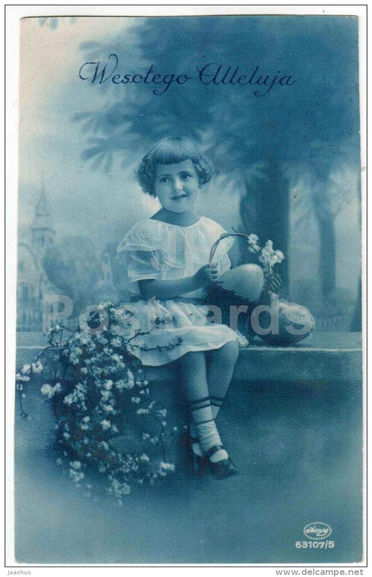 easter greeting card - girl - egg - flowers - children - Amag 63107/5 - France - circulated in Estonia Kabala in 1925 - JH Postcards