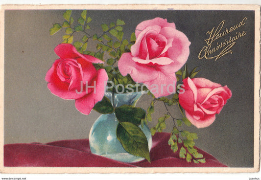 Birthday Greeting Card - Heureux Anniversaire - flowers in a vase - HB 4200  illustration - old postcard - France - used - JH Postcards