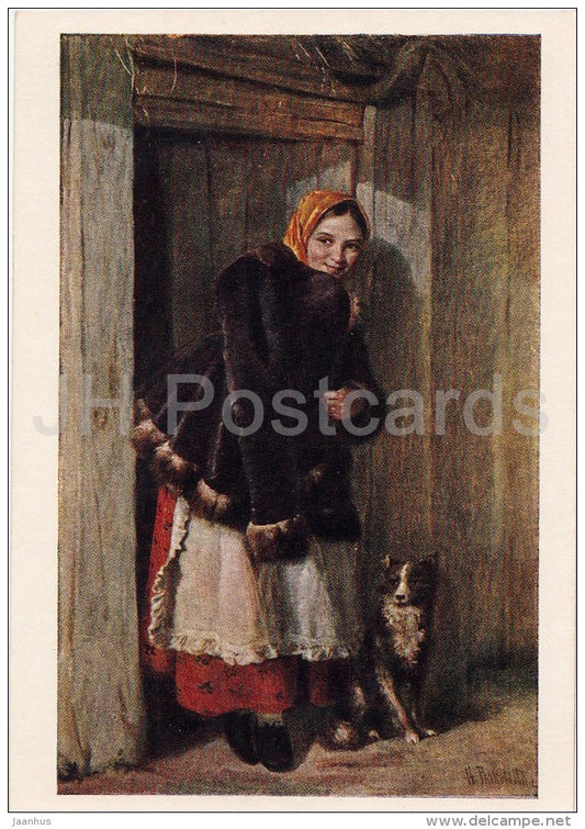 painting by N. Rachkov - At the gate , 1871 - dog - girl - Russian art - 1955 - Russia USSR - unused - JH Postcards