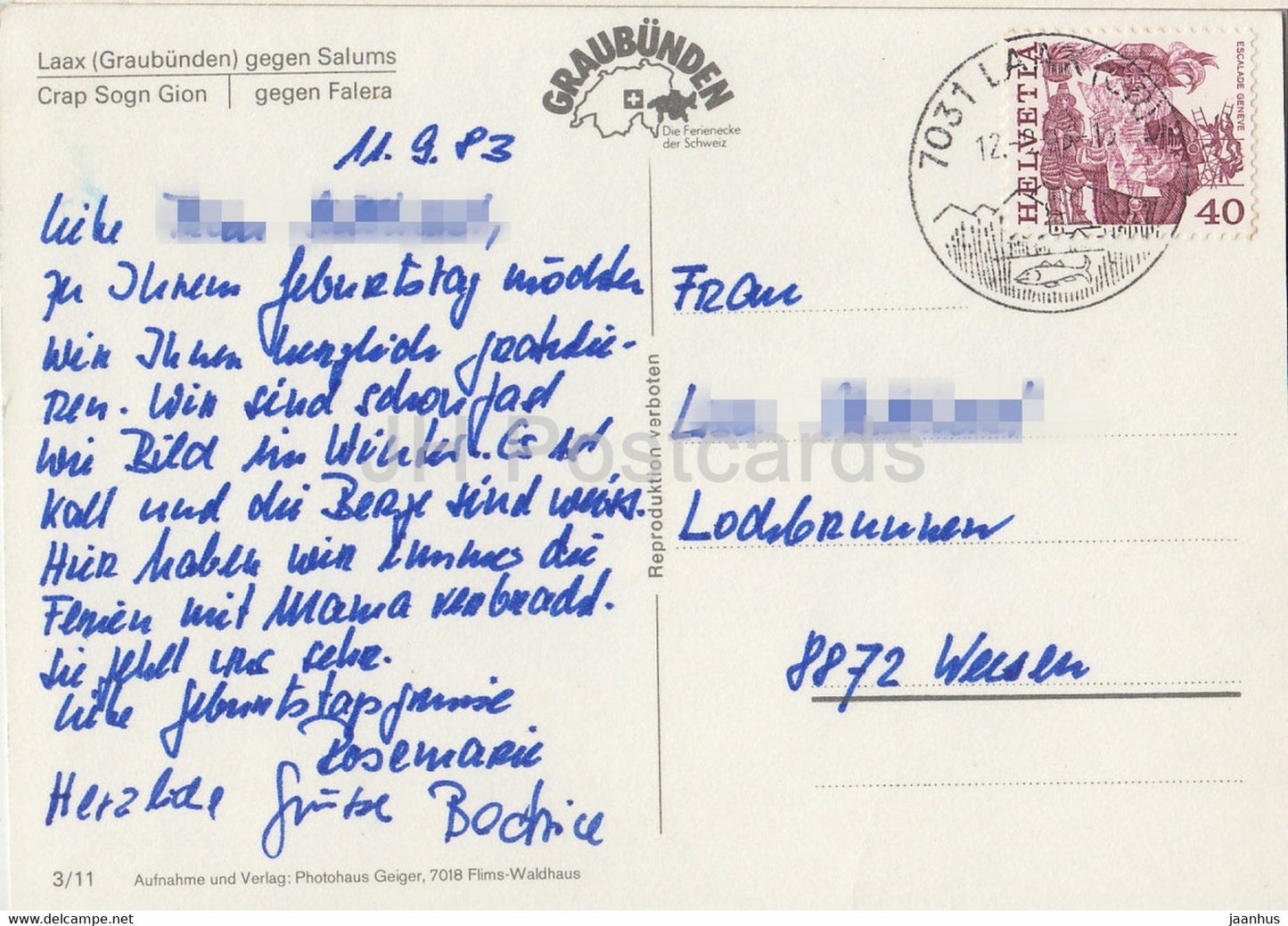 Laax gegen Salums - Crap Sogn Gion - gegen Falera - multiview - 1983 - Suisse - utilisé