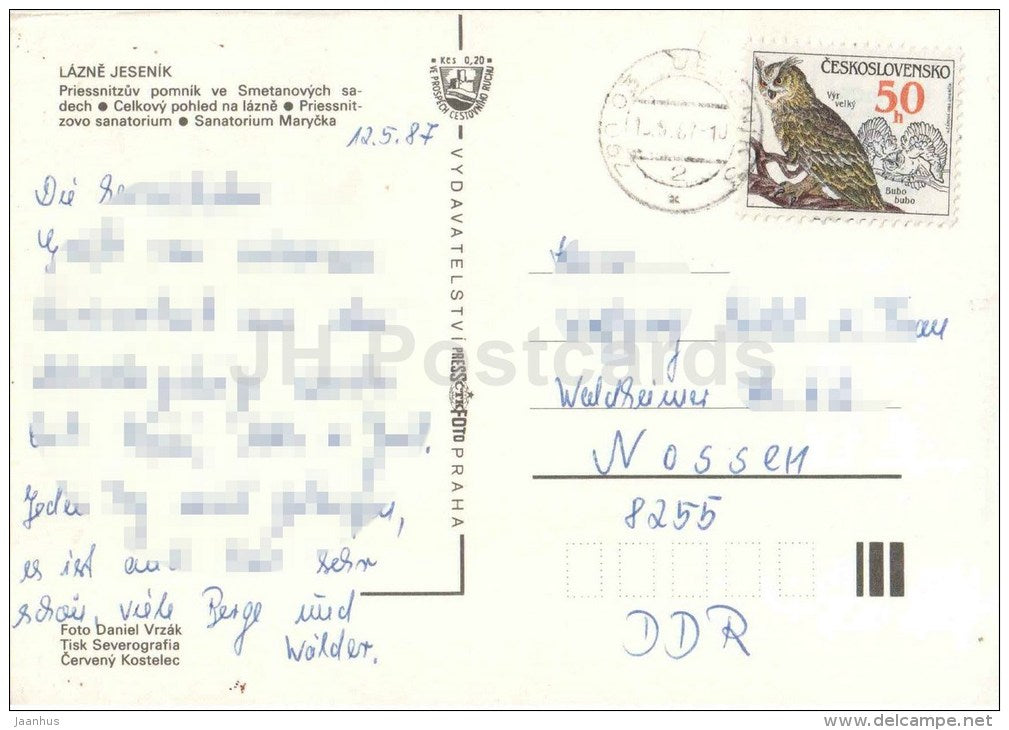 Priessnitz monument in Smetana Park - sanatorium Marycka - Lazne Jesenik - Spa - Czechoslovakia - Czech - used 1987 - JH Postcards