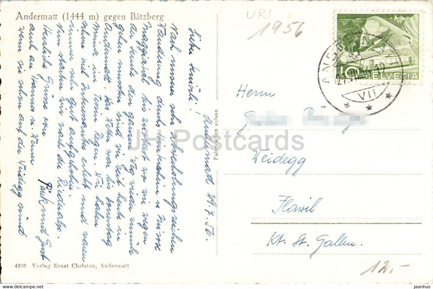 Andermatt 1444 m gegen Batzberg - carte postale ancienne - 1956 - Suisse - utilisé