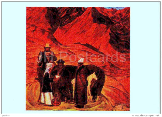 painting by M. Akynbekov - Alay valley in Kyrgystan , 1969 - horse - mountains - kyrgyz art - unused - JH Postcards