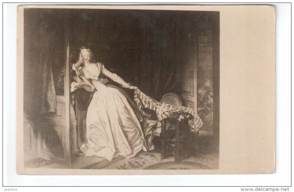 painting by Jean Honoré Fragonard - The Stolen Kiss - old postcard - unused - JH Postcards