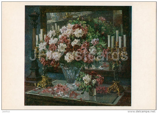 painting by A. Gerasimov - Roses , 1953 - flowers - candle - Russian art - 1986 - Russia USSR - unused - JH Postcards