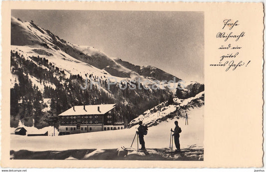 Frohe Weihnacht und ein gutes neues Jahr - skiing - old postcard - 1940 - Germany - used - JH Postcards