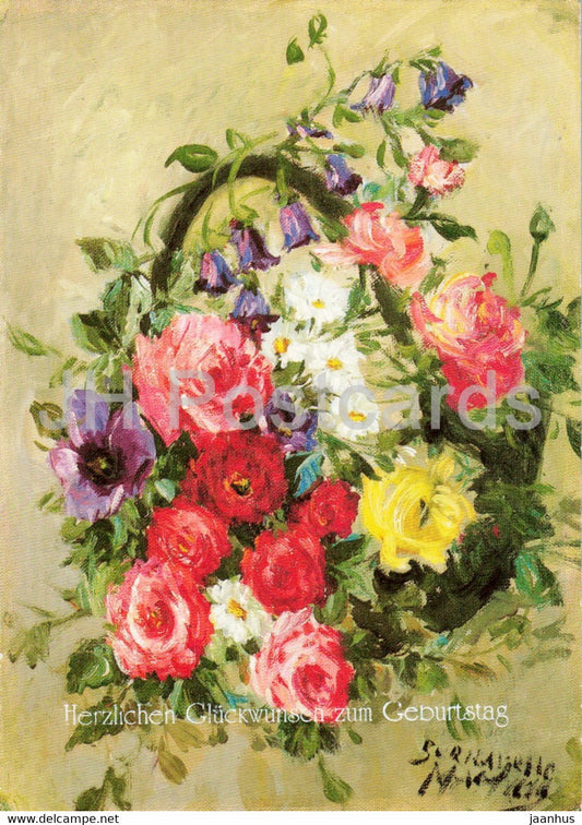 painting by Bernadette Mac Nelly - Blumengemalde Rosenkorb - Flower Basket - German art - 2001 - Germany - used - JH Postcards