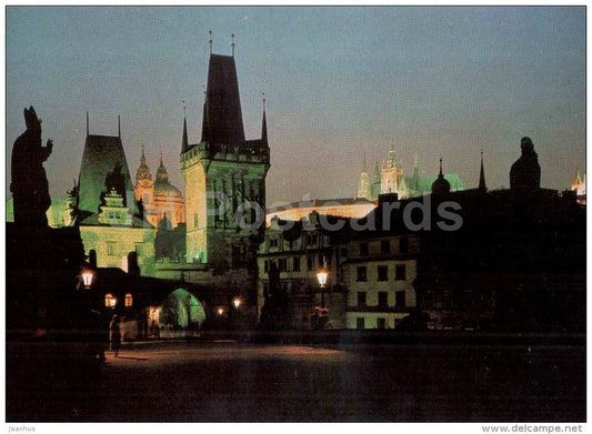 The Castle of Prague Hradcany and Charles Bridge - night - Praha - Prague - Czechoslovakia - Czech - unused - JH Postcards