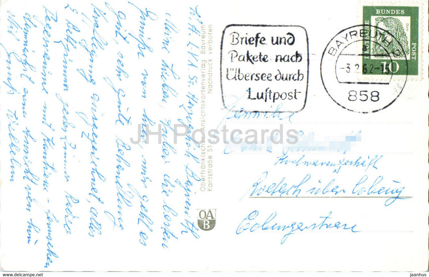 Gruss aus der Festspielstadt Bayreuth - Schloss Eremitage - R. Wagner - compositeur - 1962 - Allemagne - utilisé