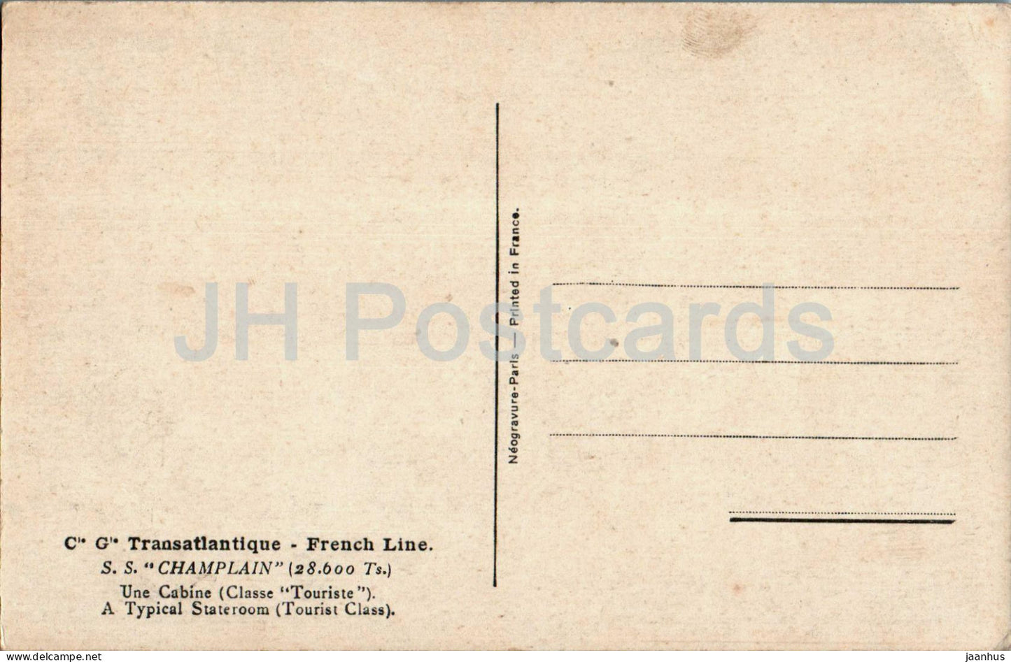 C G Transatlantique - French Line - SS Champlain - Une Cabine - Stateroom - ship - old postcard - France - unused
