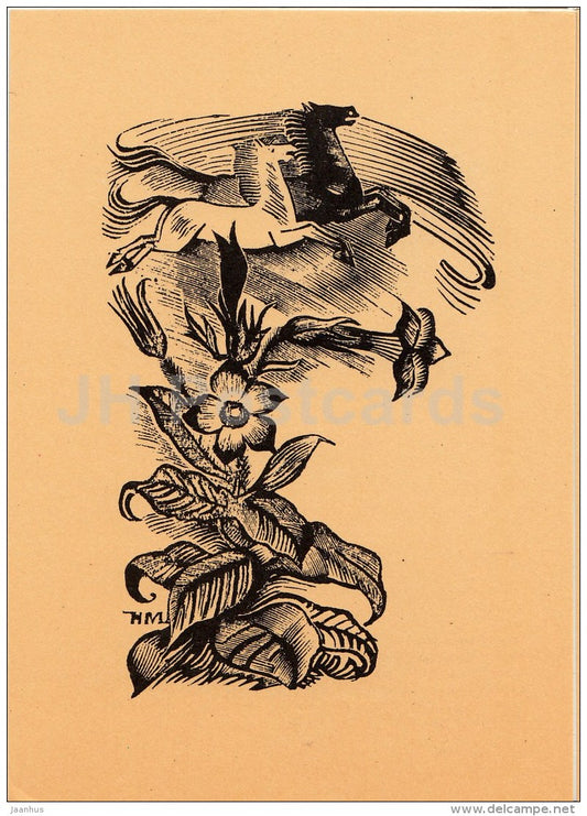 illustration by H. Mugasto - Golden Circle - horses - Writer Fr. Tuglas Works - 1986 - Estonia USSR - unused - JH Postcards