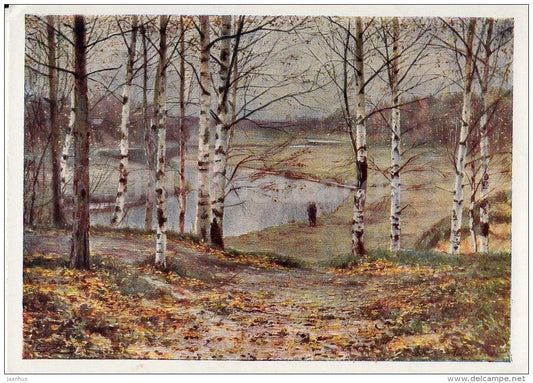 painting by E. Volkov - 1 - October , 1883 - birch grove - Russian art - Russia - 1961 - Russia USSR - unused - JH Postcards