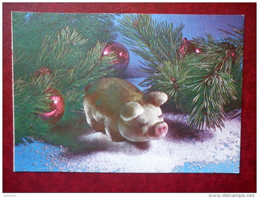 New Year Greeting card - pig - decorations - 1984 - Estonia USSR - used - JH Postcards