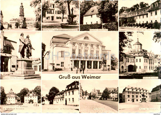 Gruss aus Weimar - Schloss - Schillerhaus - Goethes Gartenhaus - Goethe Schiller Denkmal - Germany DDR - unused - JH Postcards