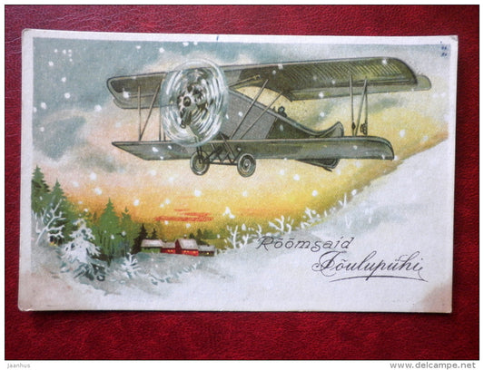 Christmas Greeting Card - airplane - houses - winter - circulated in 1947 - Estonia - used - JH Postcards