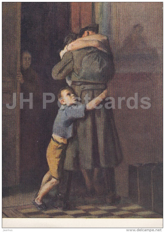 painting by V. Kostetsky - Homecoming - soldier - father - Russian art - 1957 - Russia USSR - unused - JH Postcards
