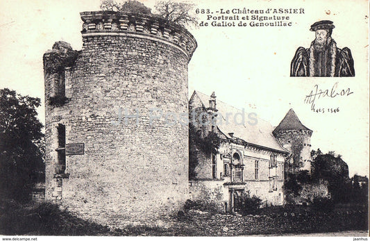 Le Chateau d'Assier - Portrait et Signature de Galiot de Genouillac - castle - 683 - old postcard - 1929 - France - used - JH Postcards