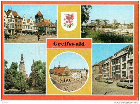 Greifswald - Platz der Freundschaft - Wiecker Klappbrücke - Rathaus - Knopfstrasse - Germany - 1985 gelaufen - JH Postcards