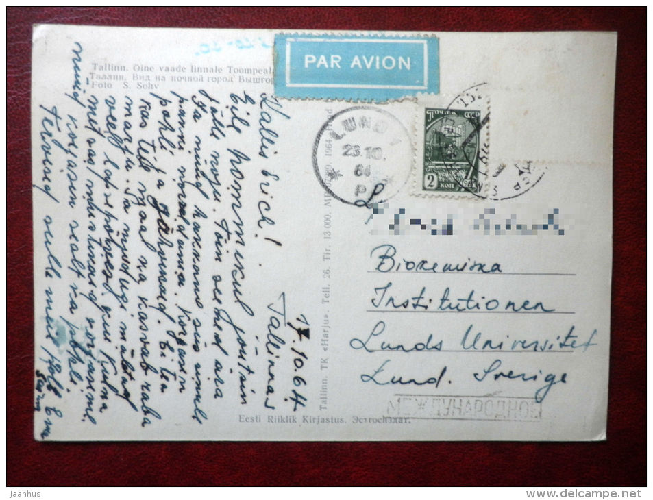 night view of the city from Toompea - Tallinn - sent from Estonia to Sweden , Lund - 1964 - Estonia USSR - used - JH Postcards