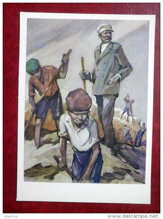 painting by I. Ushakov - Gorky arrival to colony - Pedagogical Poem by I. Makarenko - book - Russia USSR - 1977 - unused - JH Postcards