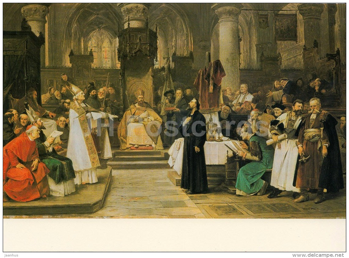 painting by Vaclav Brozik - Master Jan Hus before the Council , 1898 - Czech art - large format card - Czech - unused - JH Postcards