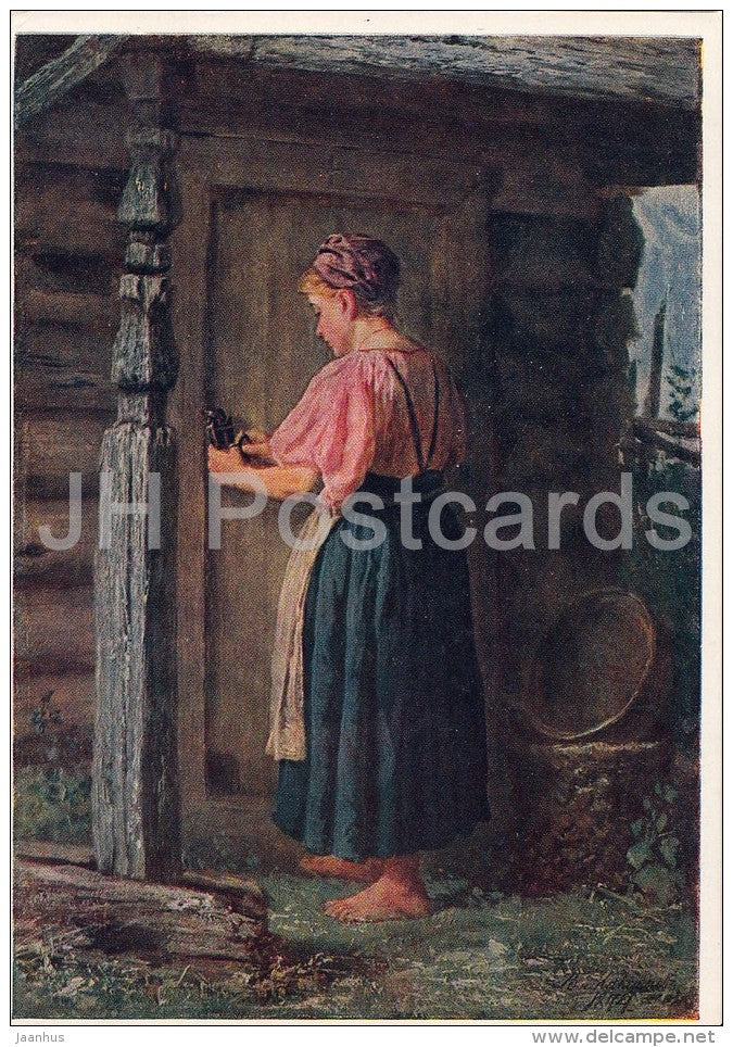painting by V. Maksimov - Girl at the Barn , 1874 - Russian art - 1957 - Russia USSR - unused - JH Postcards