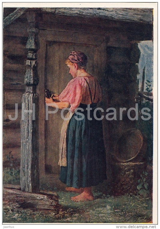 painting by V. Maksimov - Girl at the Barn , 1874 - Russian art - 1957 - Russia USSR - unused - JH Postcards