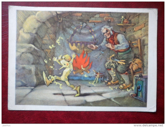 illustration by M. Vladimirski - fairy tale Golden Key by A. Tolstoy - Buratino - Pinocchio - Russia USSR - unused - JH Postcards
