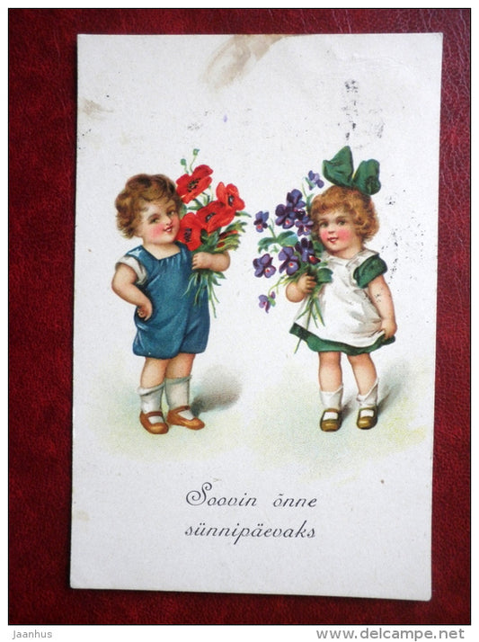 Birthday Greeting Card - girl and boy with flowers - MBN - circulated in 1928 - Estonia - used - JH Postcards